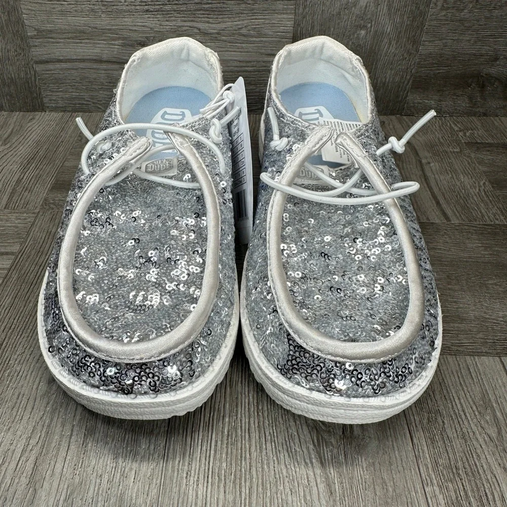 Hey Dude Wendy Sequin Women Size 5 Cream Silver Sparkle Slip On NEW